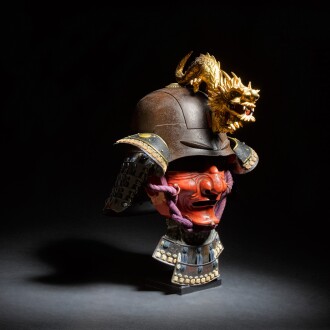 View 1 of Lot 6: An Etchu-nari kabuto [Etchu style helmet] and a Myochin school mempo [face mask] |  Momoyama - Edo period, late 16th - early 17th century