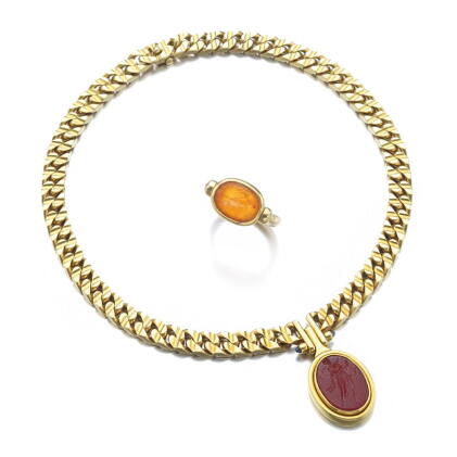 Catalog image of carnelian and sapphire demi-parure, bulgari