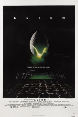 View 1 of Lot 159:  Alien (1979) Poster, US, Signed by Ridley Scott (director), Sigorney Weaver and H.R. Giger (Alien design)