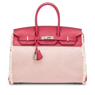 View 1 of Lot 149: Limited Edition Framboise Swift Ecru and Toile Fray Fray Birkin 35 Palladium Hardware, 2021