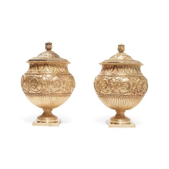 View 1 of Lot 46: A Pair of Regency Silver-Gilt Sugar Vases and Covers, Benjamin Smith II and Benjamin Smith III, London, Retailed by Green, Ward and Green, 1816
