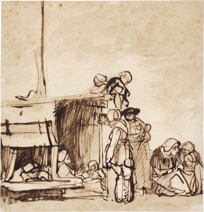 Catalog image of attributed to carel fabritius | peasants gathered outside a hut