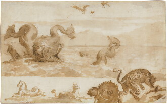 View 1 of Lot 170: A sheet of studies including marine monsters, a leopard, the head of a camel and other animals