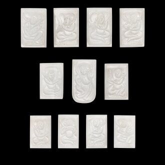 View 1 of Lot 319: A set of eleven white jade ‘musicians and dancers’ belt plaques, Tang dynasty 唐 白玉雕伎樂紋帶珮一組十一件