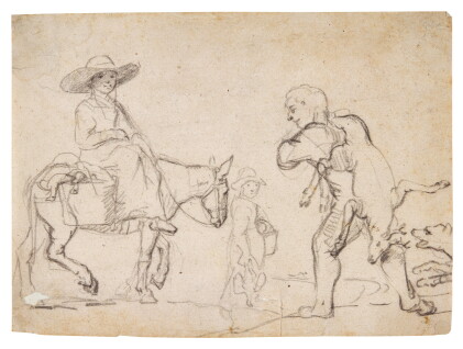 Catalog image of sheet of studies: a peasant woman riding on a mule, another walking, carrying a…