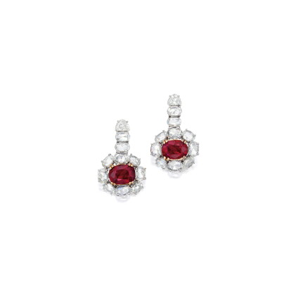 Catalog image of pair of ruby and diamond pendent earrings 3.86及5.03卡拉 天然 「緬甸」紅寶石 配 鑽石 吊耳環一對