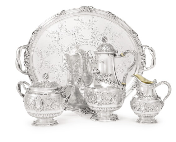 French silver Louis XVI style three-piece coffee set with matchi