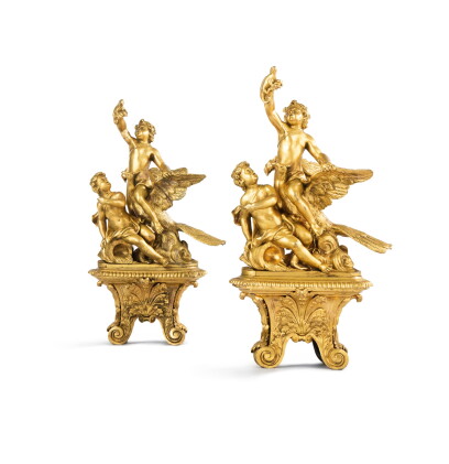 Catalog image of Two matched gilt-bronze allegorycal chenets of the Air and Water, early 18th century