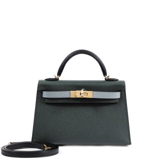 View 1 of Lot 610: Limited Edition Gris Pantin, Vert Mangrove and Noir Epspom Tricolor Mini Kelly II 20 Permabrass Hardware, 2025