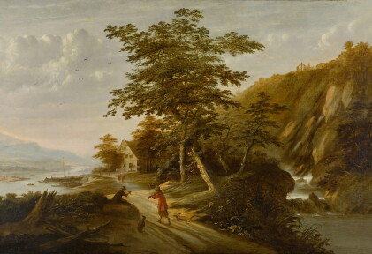 Catalog image of Sportsmen with their hounds and a falcon near a river in a wooded landscape