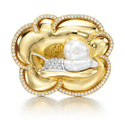 Catalog image of geoff rowlandson | cultured pearl and diamond brooch, 'snail's pace'