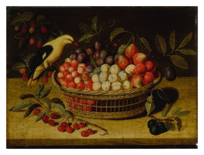 Catalog image of Still life with cherries, plums, raspberries and other fruits in a basket, with…
