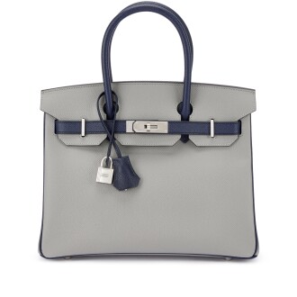 View 1 of Lot 574: Gris Mouette and Bleu Navy Epsom HSS Birkin 30 Brushed Palladium Hardware, 2017