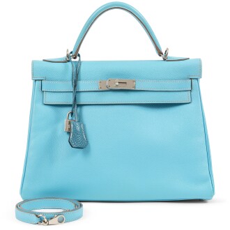 View 1 of Lot 386: Limited Edition Bleu Céleste Epsom and Bleu Jean Verso Candy Kelly 32 Retourné Palladium Hardware, 2010