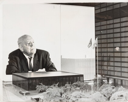 Catalog image of Mies van der Rohe shown with model of Toronto Dominion Centre, 1966