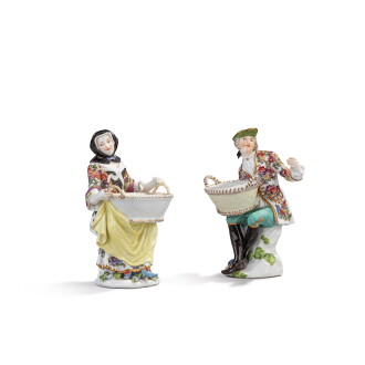 View 1 of Lot 639: A pair of Meissen porcelain bouquetière figures, circa 1745-55