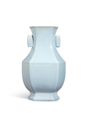View 1 of Lot 1085: A Ru-type hexagonal vase, hu, Seal mark and period of Qianlong | 清乾隆　仿汝釉六方貫耳壺　《大清乾隆年製》款