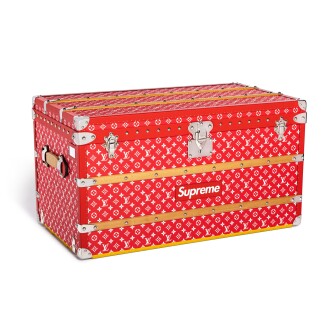 View 1 of Lot 14: Louis Vuitton x Supreme | Red and White Monogram Coated Canvas Malle Courrier 90 Trunk Silver Hardware