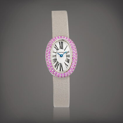 Catalog image of Mini Baignoire, Reference 2369 | A white gold and pink sapphire-set wristwatch,…