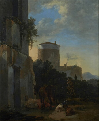 Catalog image of adriaen van der kabel | an italianate village street with a horse, goats, and m…