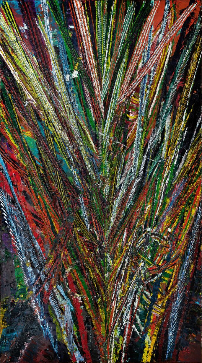 Artwork by Mark Grotjahn from 2014 titled 'Untitled (Into and Through the Jungle Monkey Face 45.98)'. Abstract painting featuring vibrant colors and intricate geometric patterns, suggesting depth and movement.