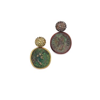 View 1 of Lot 202: Pair of Ancient Coin and Colored Diamond Pendant-Earclips