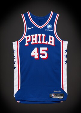 View 1 of Lot 43: Hunter Sallis ‘Rookie Debut’ Philadelphia 76ers  2025-2026 Game Worn Icon Edition Jersey