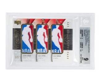 View 1 of Lot 1: Michael Jordan, Scottie Pippen, & Dennis Rodman Chicago Bulls 2005-06 Upper Deck Exquisite Collection Logoman Triple #TL-JPR BGS 9 | 1-of-1 | Game-Used Patches