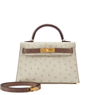 View 1 of Lot 7717: Beton and Gris Tourterelle Ostrich Mini Kelly II 20 HSS Gold Hardware, 2022