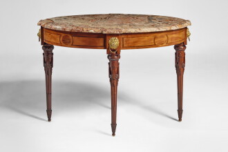 View 1 of Lot 727: A Louis XVI Gilt-Bronze-Mounted Indian Rosewood and Boxwood Inlaid Mahogany Center Table, Circa 1785