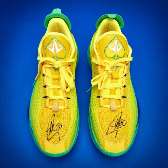 View 1 of Lot 36: Stephen Curry 2025-2026 Warm Up and Game Worn Dual-Signed and Inscribed Li-Ning Jimmy Butler 3 'Samba Dancer' | Double-Double