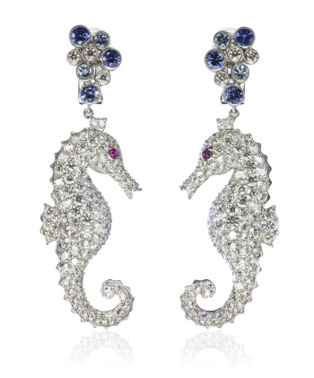 Catalog image of pair of gem set and diamond earrings, 'cavallucci marini', michele della valle