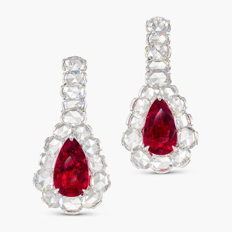 View 1 of Lot 1791: Pair of Ruby and Diamond Pendent Earrings |  5.20 及 5.08克拉 天然「緬甸鴿血紅 」未經加熱紅寶石 配 鑽石 耳墜一對