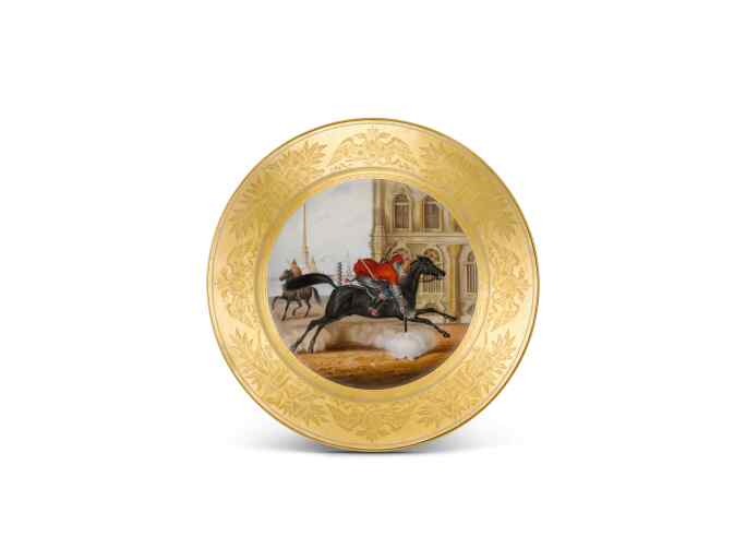Officer of the Caucasus Mountain Guards Squadron a porcelain military plate, Imperial Porcelain Factory, St Petersburg, period of Nicholas I (1825-1855), 1833, Estimate £20,000-30,000