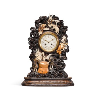 View 1 of Lot 177: A Japanese hardwood, ivory, mother of pearl and lacquer mantel clock, Meiji period, late 19th  century