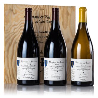 View 1 of Lot 1: Mazis-Chambertin, Cuvée Madeleine Collignon 2019 Hospices de Beaune aged by Domaine de la Romanée-Conti & Corton-Charlemagne, Cuvée du Roi Soleil 2022 Hospices de Beaune, aged by Domaines Leflaive (3 MAG)
