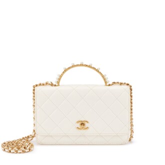 View 1 of Lot 692: White Quilted Calfskin CHANEL Top Handle Flap Bag Aged Gold Hardware