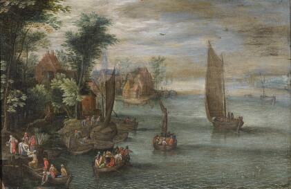 Catalog image of follower of jan brueghel the younger | river landscape with figures in boats an…