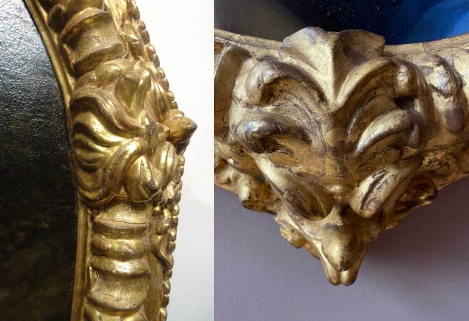 Figs. 11 and 12 Details of the decorative finials of the masks, clasped over the fluted torus of the frames: a burning torch (left) and a sprig of leaves or an iris flower (right)
