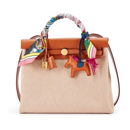 View 1 of Lot 958: Fauve Vache Hunter and Ecru Toile Quadrille Herbag Zip 31 Gold Hardware, 2023, Rodeo PM and Twilly