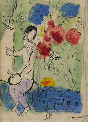 Catalog image of artiste au dessus du village (le peintre au chevalet et au coq rouge)