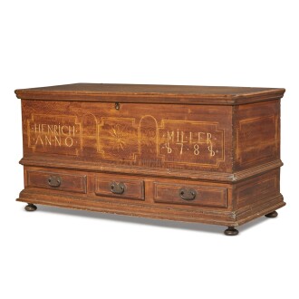 View 1 of Lot 26: Important Heinrich Miller Chippendale Sulfur-Inlaid Sycamore Blanket Chest, Dauphin County, Pennsylvania, Dated 1781