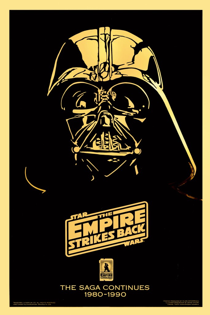 THE EMPIRE STRIKES BACK , GOLD MYLAR 10TH ANNIVERSARY POSTER, DAYNA STEDRY, US, 1990. ESTIMATE £1,200–1,800.