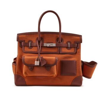 View 1 of Lot 15: Limited Edition Marron d’Inde Swift and Gold Toile Goeland Canvas Cargo Birkin 35 Palladium Hardware, 2020