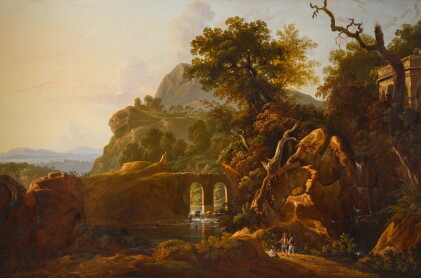 Catalog image of A capriccio landscape with travellers below a rocky outcrop
