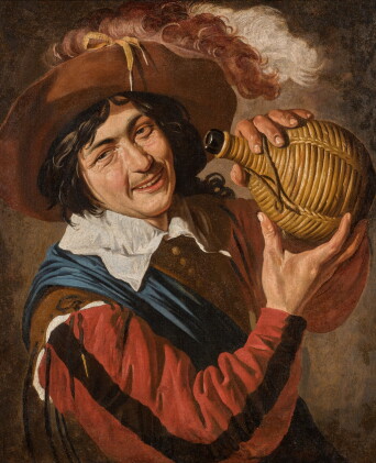 Catalog image of theodoor rombouts | a young man, wearing a feathered hat and holding a wine flask