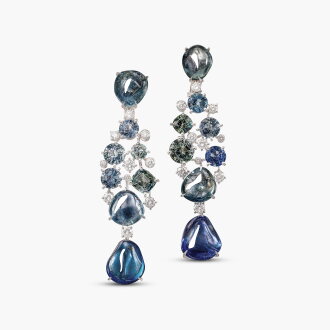 View 1 of Lot 1667: Pair of Sapphire, Coloured Sapphire and Diamond Pendent Earrings | 卡地亞 | 藍寶石 配 彩色藍寶石  及 鑽石 耳墜一對