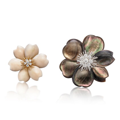 Catalog image of ‘Rose de Noël’ Coral and Diamond Brooch and Mother-of-Pearl and Diamond Brooch …