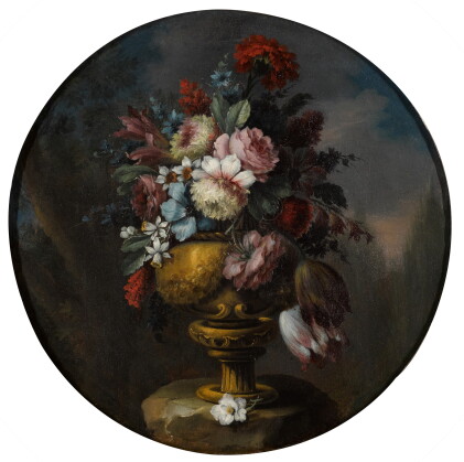 Catalog image of neapolitan school, 18th century | still life of flowers in a bronze urn upon a …
