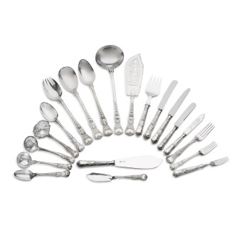View 1 of Lot 154: An impressive set of Coburg pattern silver cutlery, majority by the Chawner family, London, 1825-1989